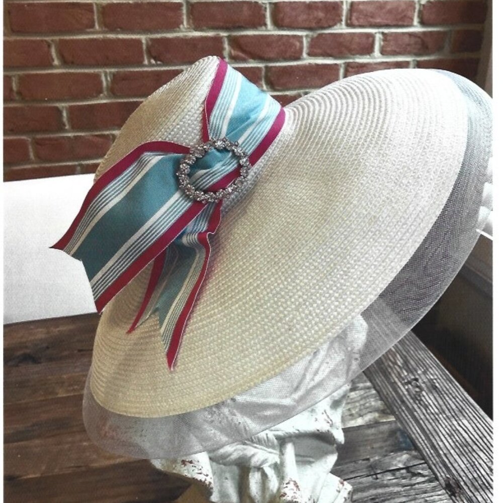 White Braided Straw Hat *Custom Made* 8" Brim Silk blue and pink and white strip